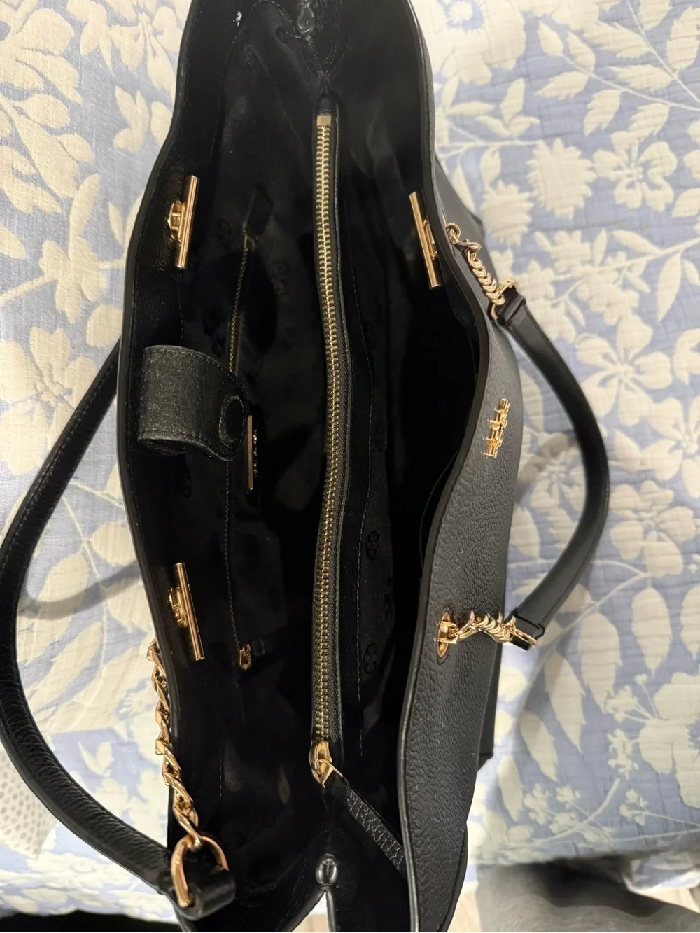 Tory Burch Black Pebbled Leather Tote with Gold Hardware